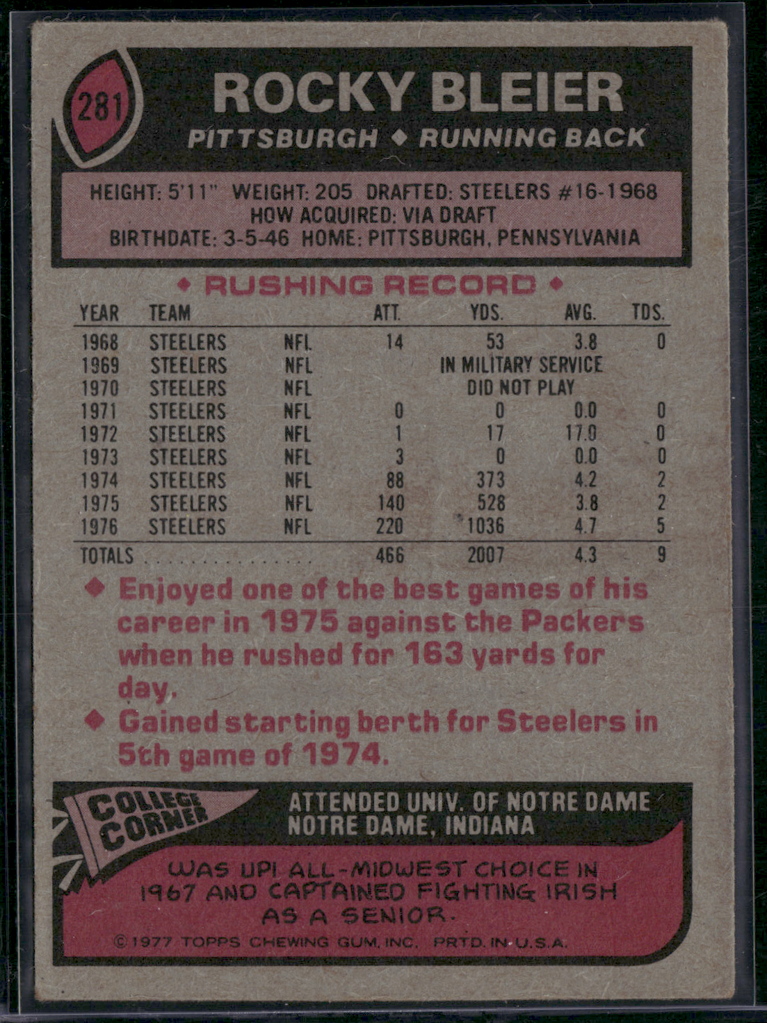 1977 Topps ROCKY BLEIER #281 Light Stain on Back Light Scratch (VG/EX)