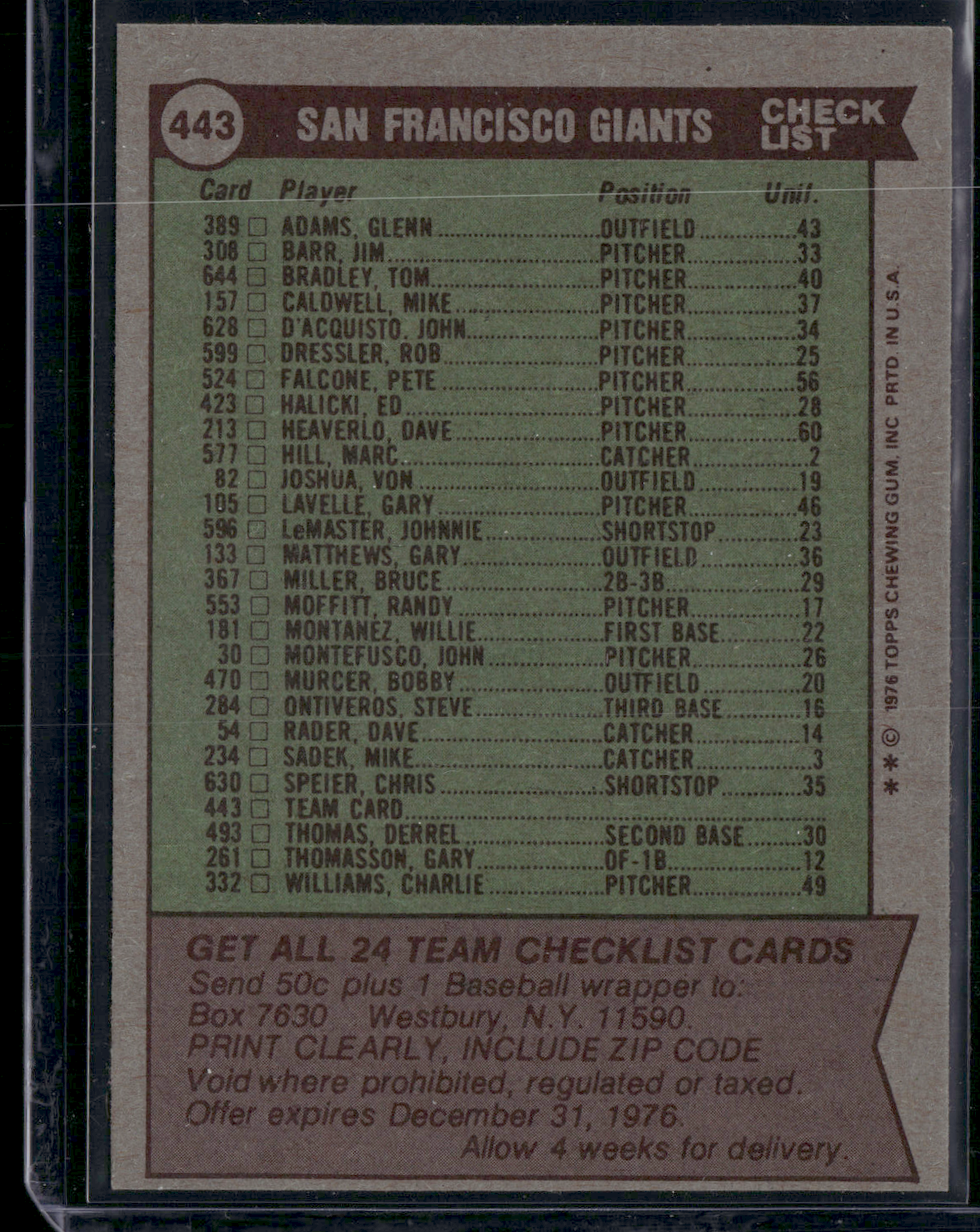 1976 Topps SAN FRANCISCO GIANTS #443 (EX-EX/MT)