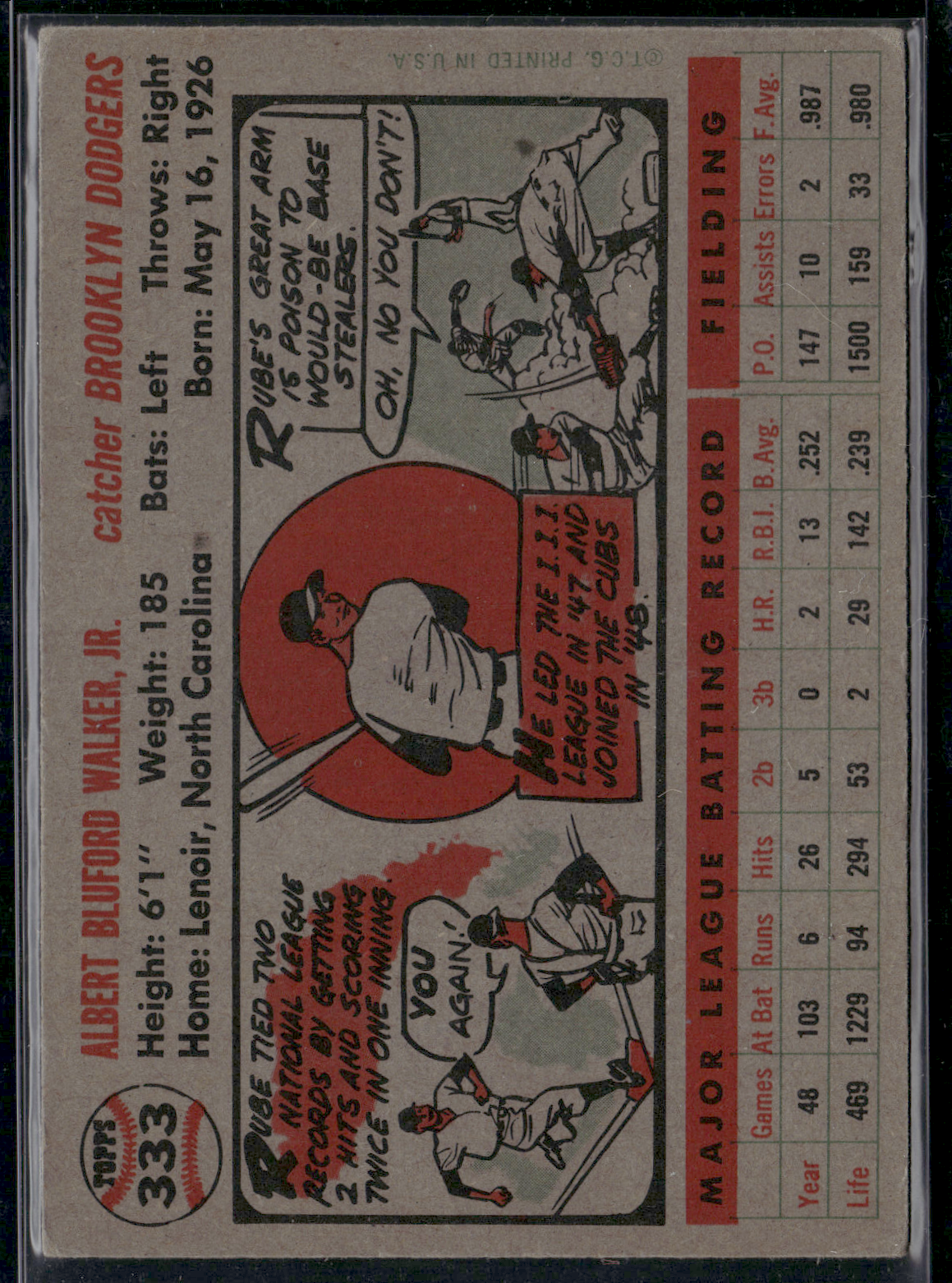 1956 Topps RUBE WALKER #333 Light Wrinkles