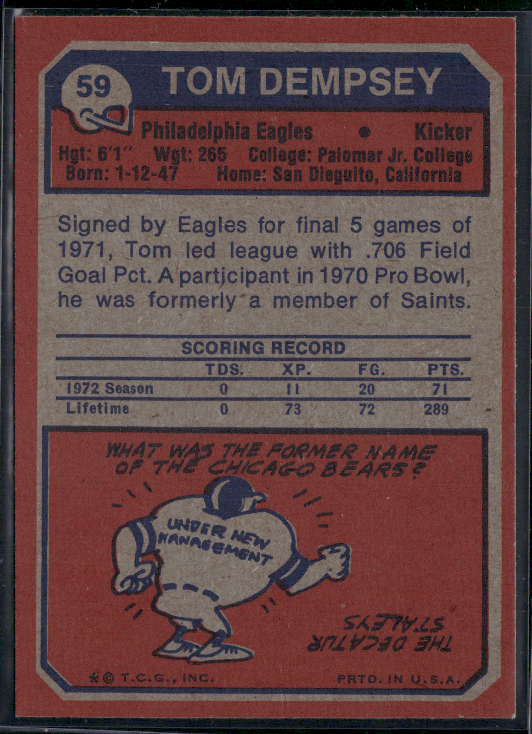 1973 Topps TOM DEMPSEY #59 (EX-EX/MT)