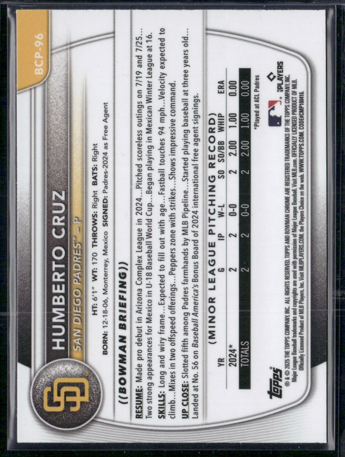 2025 Bowman HUMBERTO CRUZ #BCP-96 1st Bowman Chrome