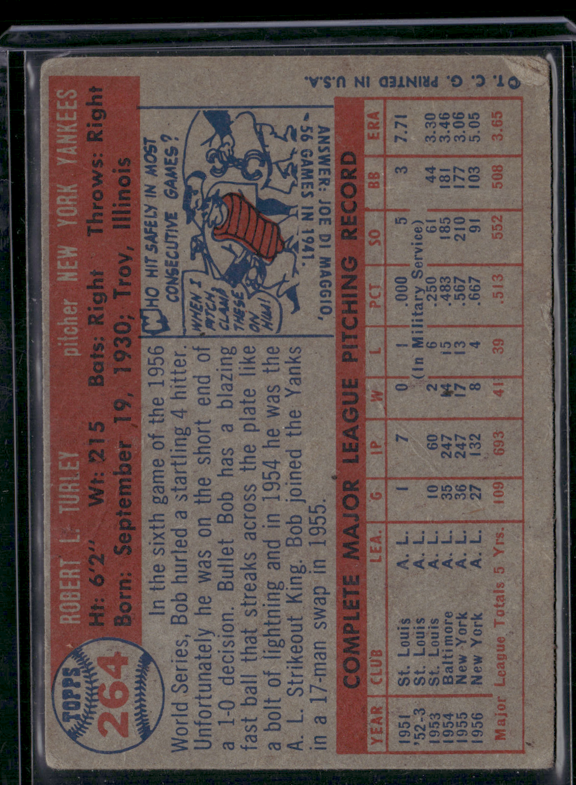 1957 Topps BOB TURLEY #264 Crease