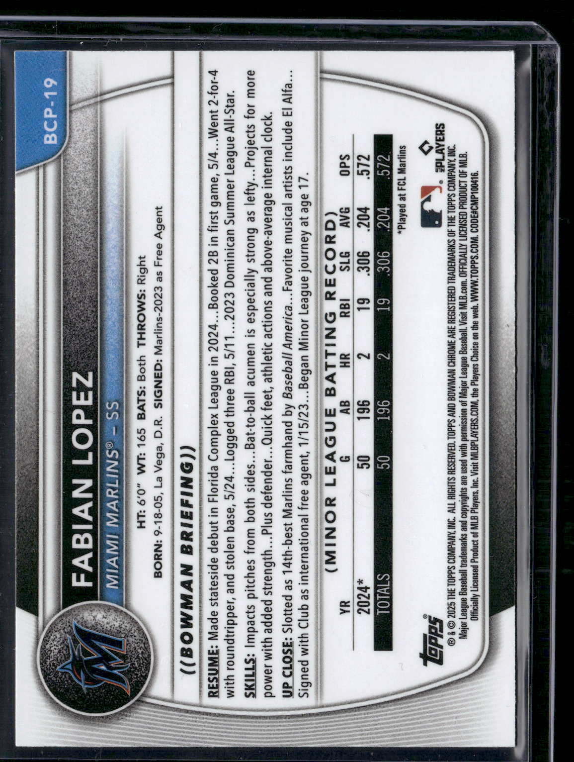 2025 Bowman FABIAN LOPEZ #BCP-19 1st Bowman Chrome