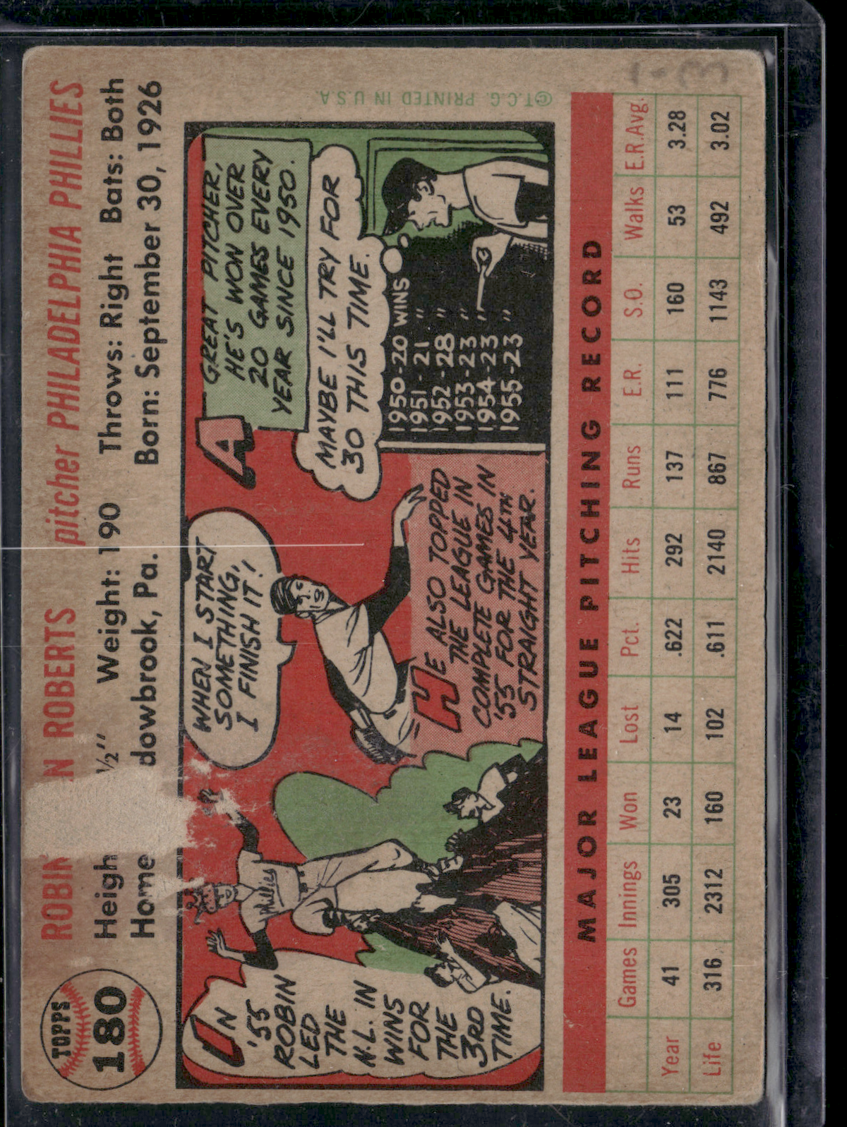 1956 Topps ROBIN ROBERTS #180 Light wrinkles and paper loss on back