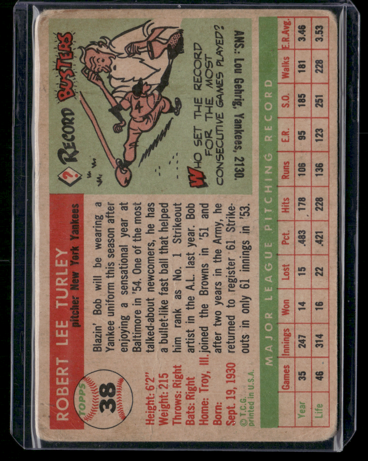 1954 Topps BOB TURLEY #38 Wrinkles (Good)