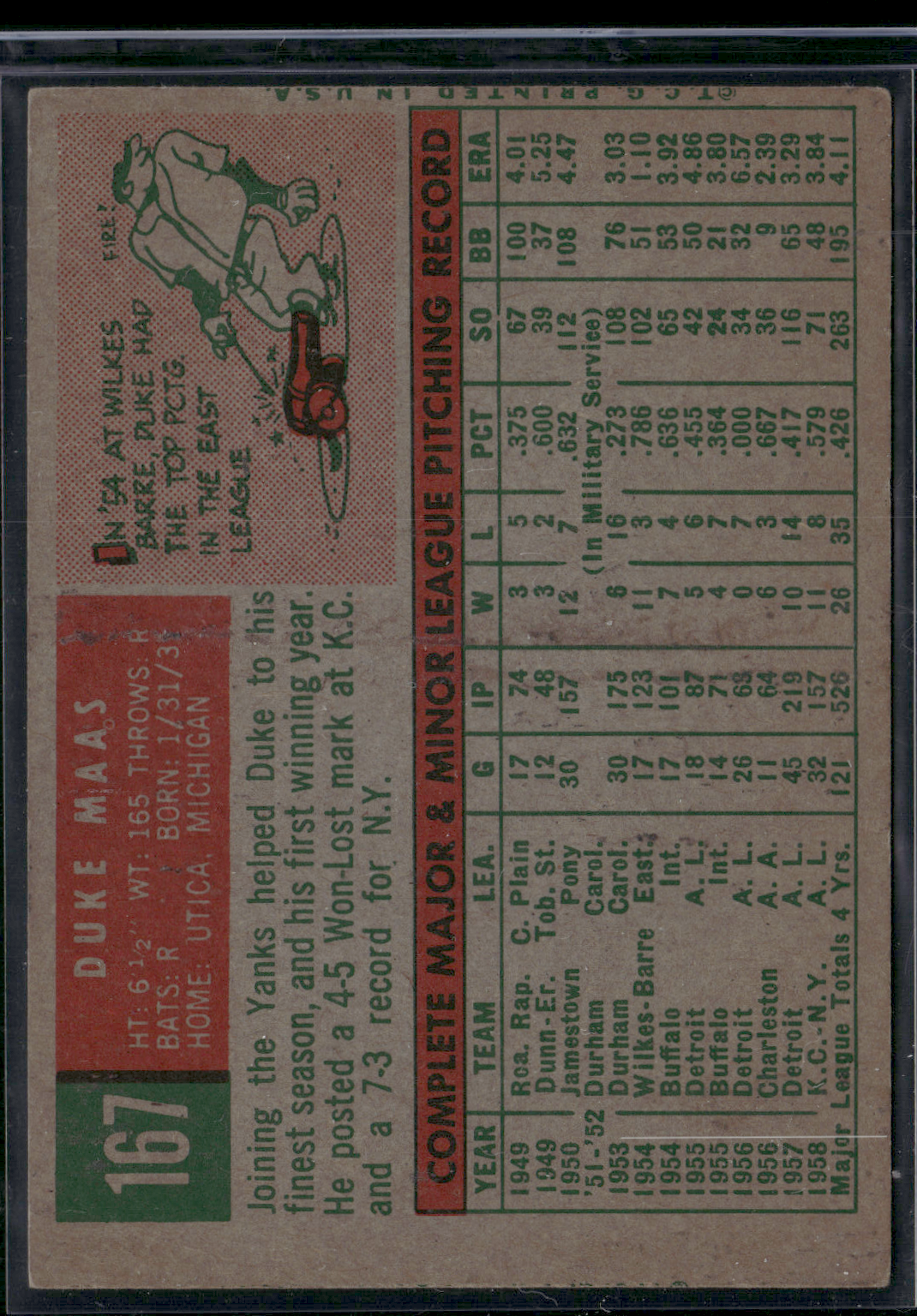 1959 Topps DUKE MAAS #167 Light Wrinkle (VG-VG/EX)