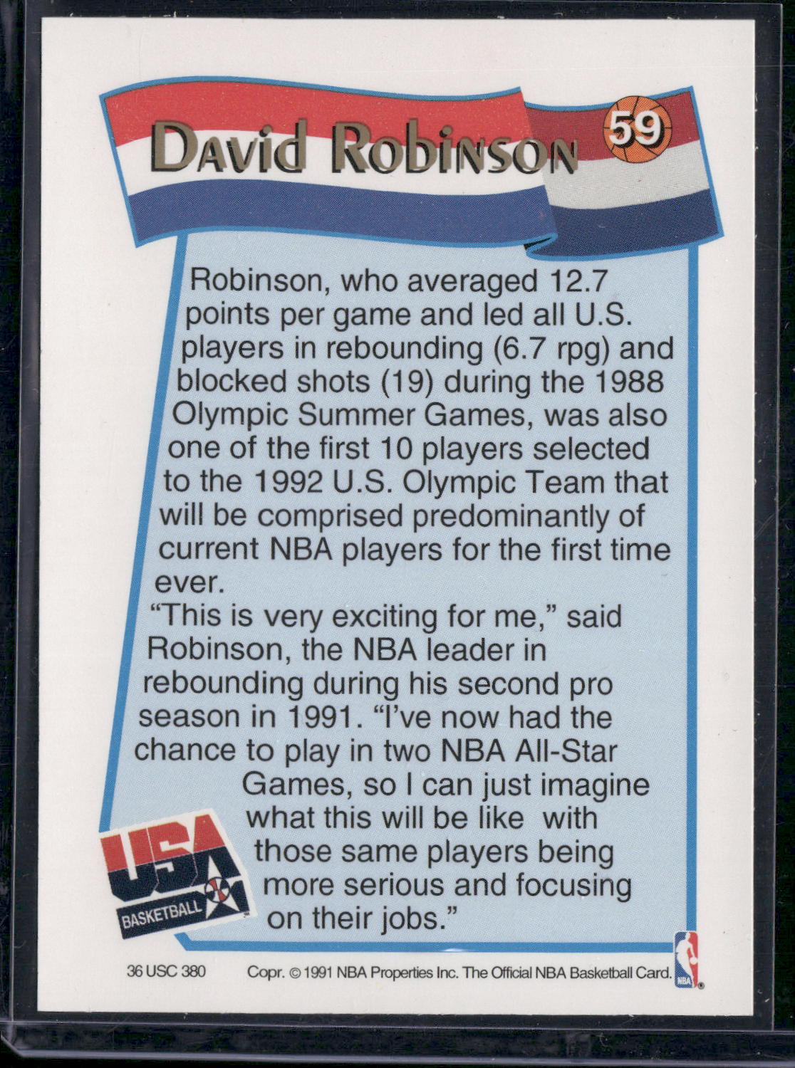 1992 NBA Hoops DAVID ROBINSON #59 USA Basketball - Dream Team (EX)