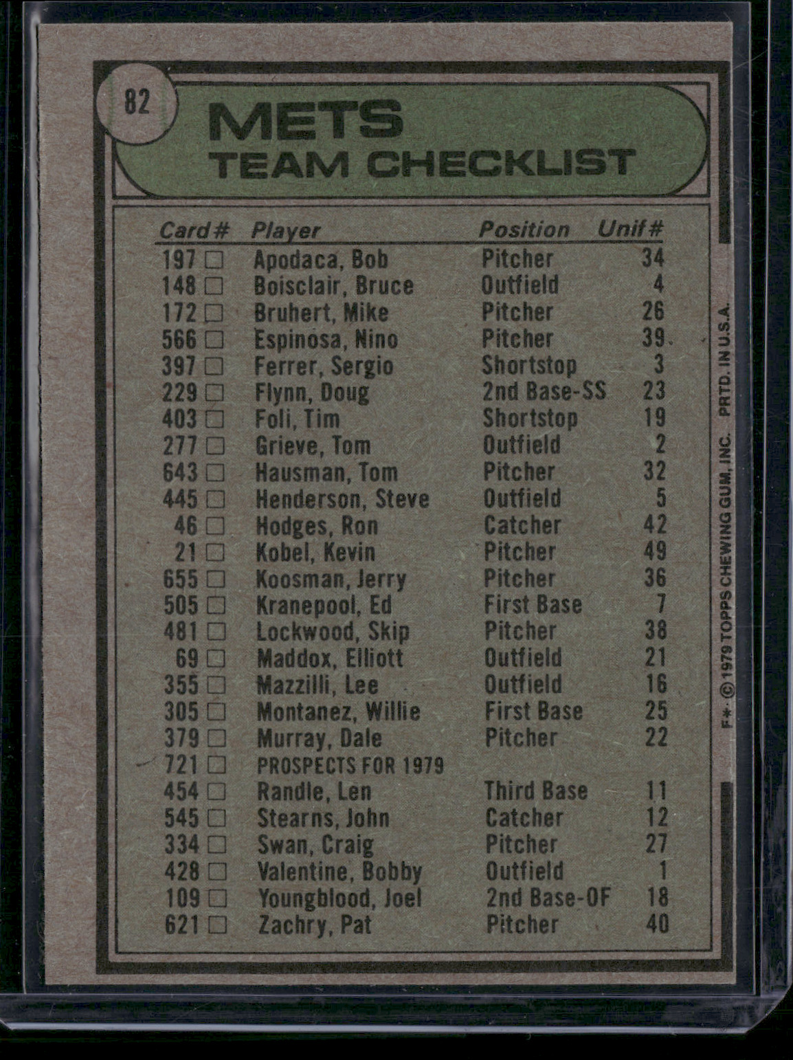 1979 Topps NEW YORK METS #82 (EX-EX/MT)