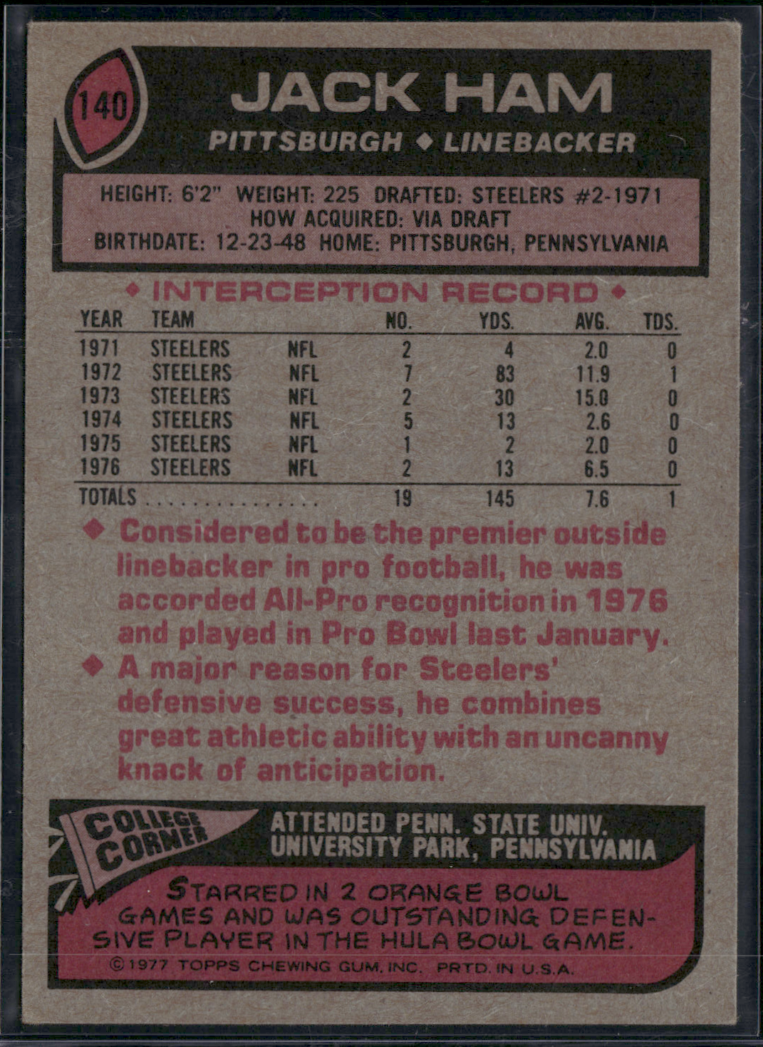 1977 Topps JACK HAM #140 Surface Dimple (VG/EX-EX)