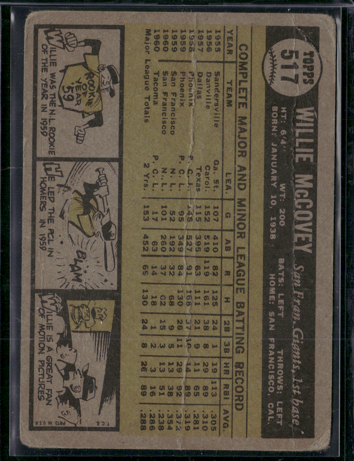 1961 Topps WILLIE MCCOVEY #517 Toning Wrinkles Crease (Good)