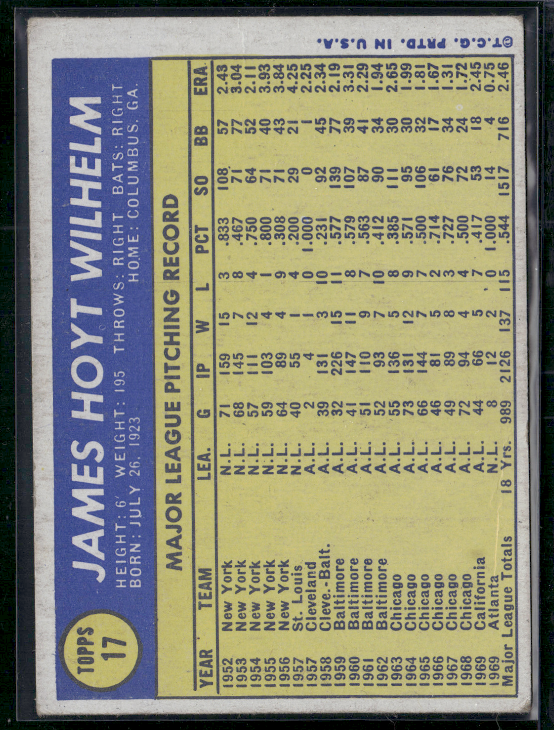 1970 Topps HOYT WILHELM #17 Unkown Marking Top Left of card (Good)