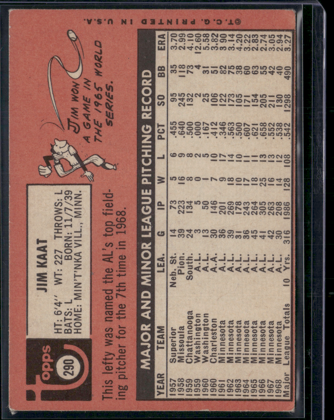 1969 Topps JIM KAAT #290 Light Wrinkle (VG/EX)