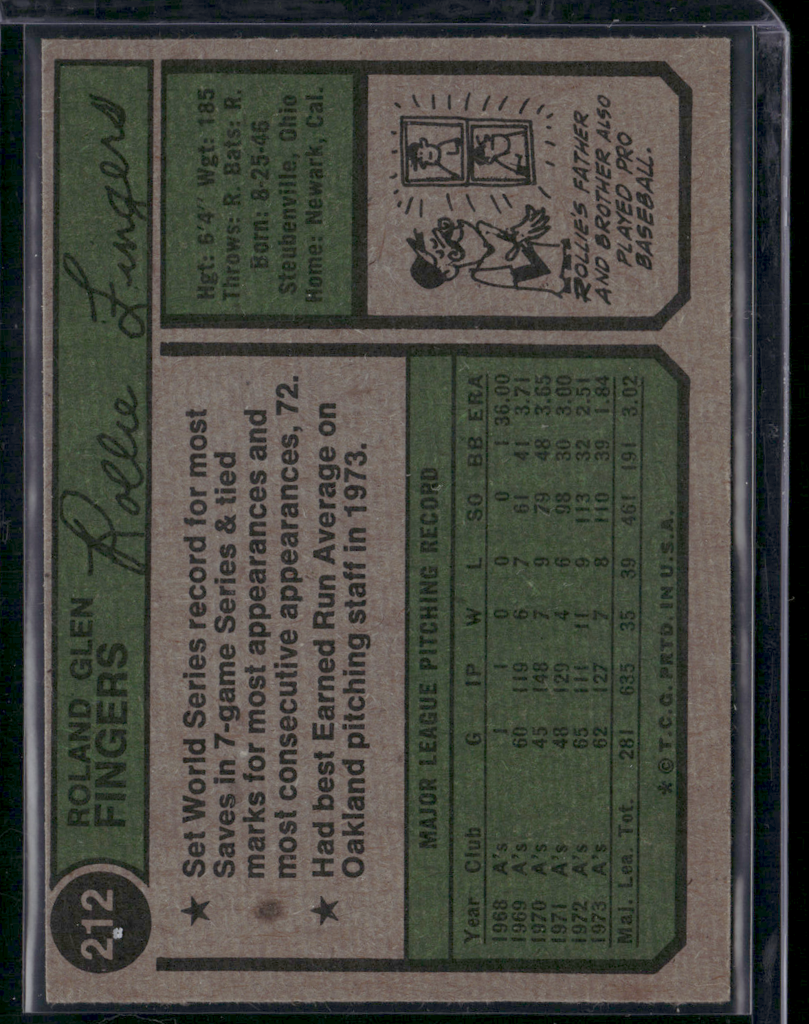 1974 Topps ROLLIE FINGERS #212 Wax stain on Front (VG/EX-EX)