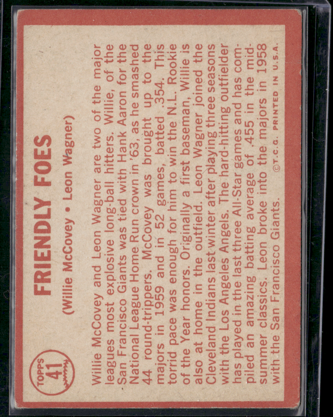 1964 Topps WILLIE MCCOVEY/LEON WAGNER #41 Friendly Foes Crease Bottom (Good)