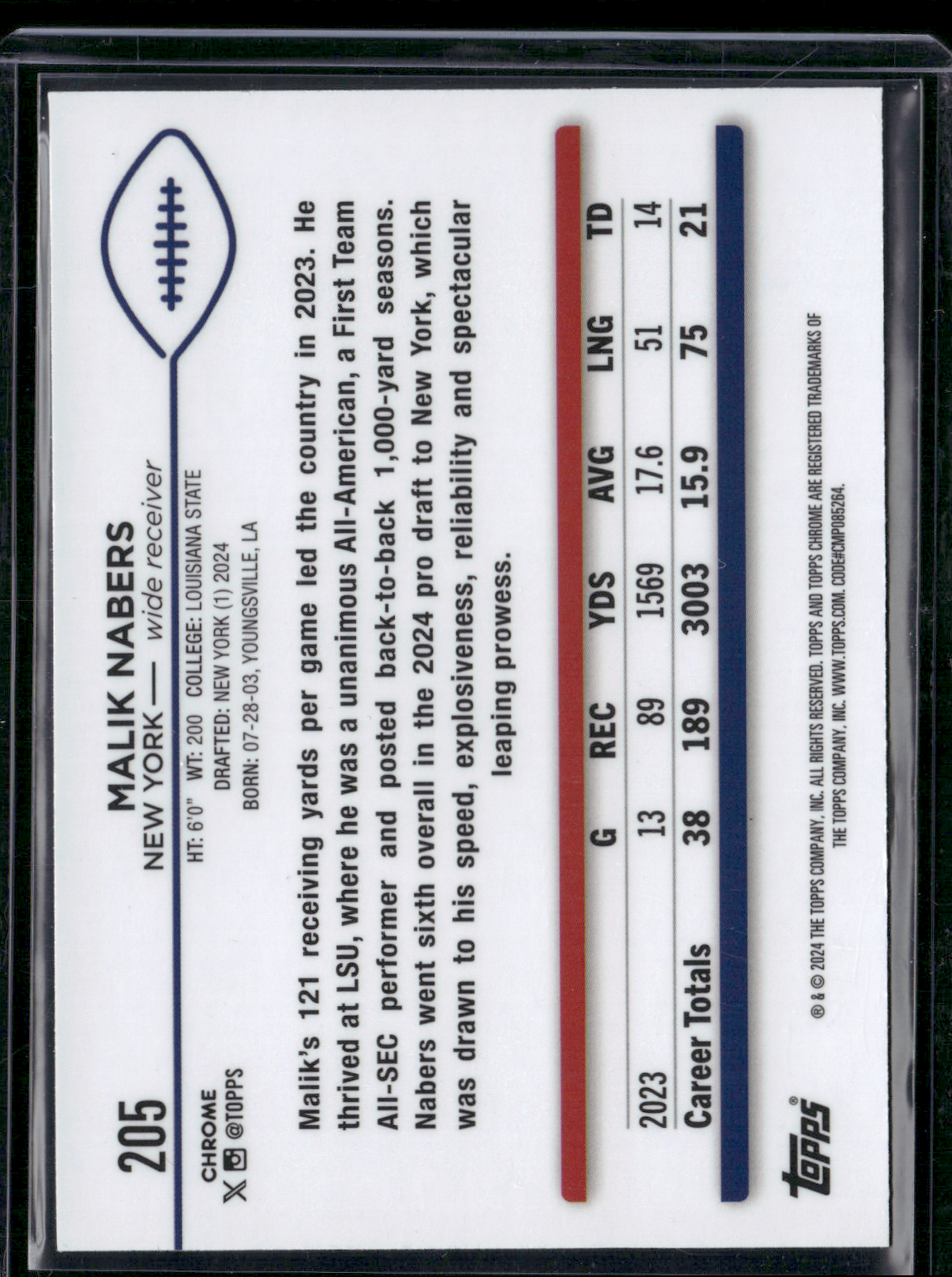 2024 Chrome MALIK NABERS #205 Rookie RC (NM)