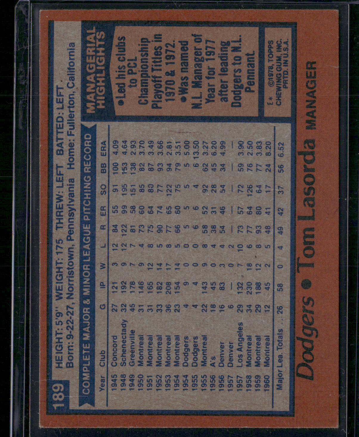 1978 Topps TOM LASORDA #189 (EX)