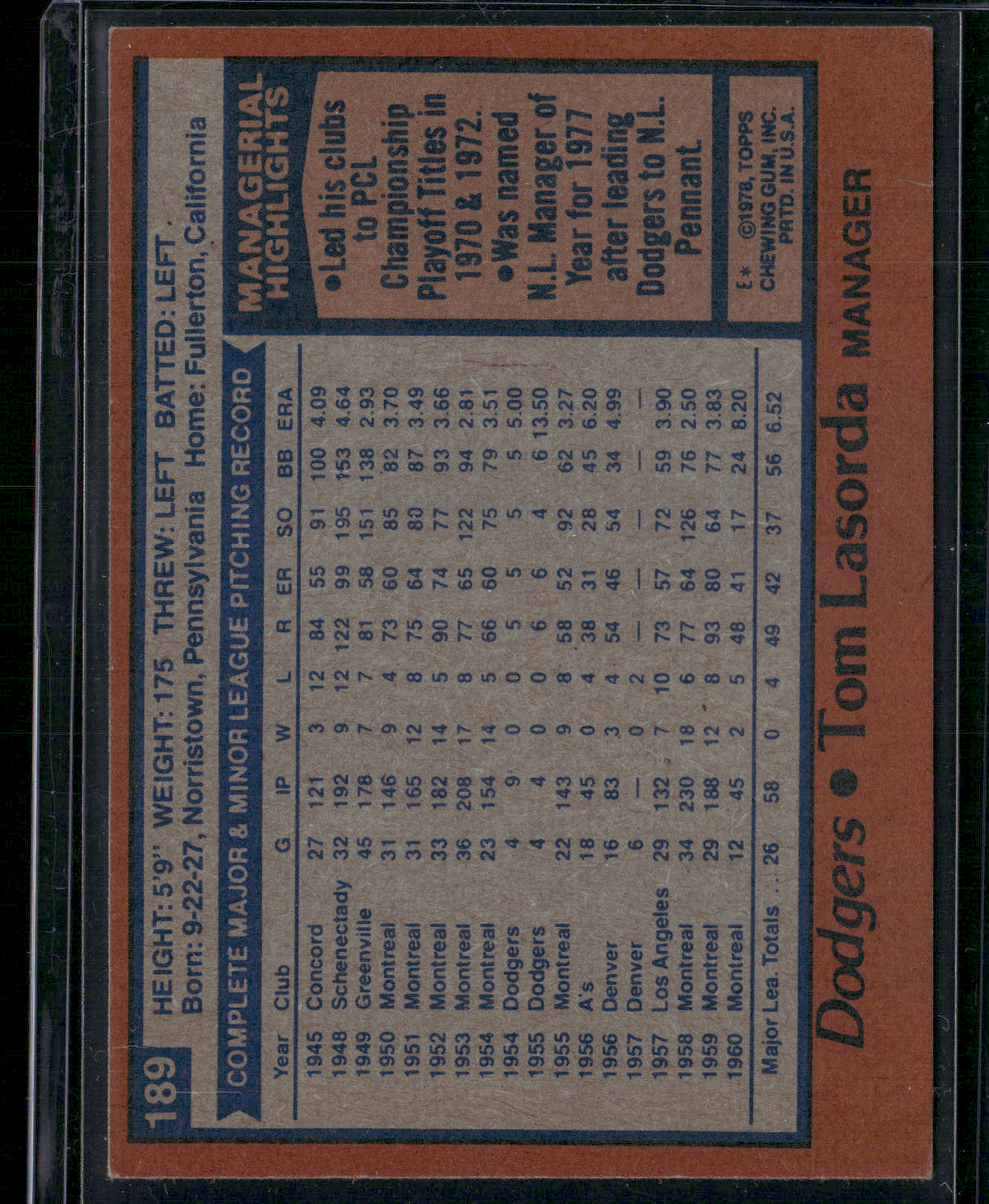 1978 Topps TOM LASORDA #189 (EX)
