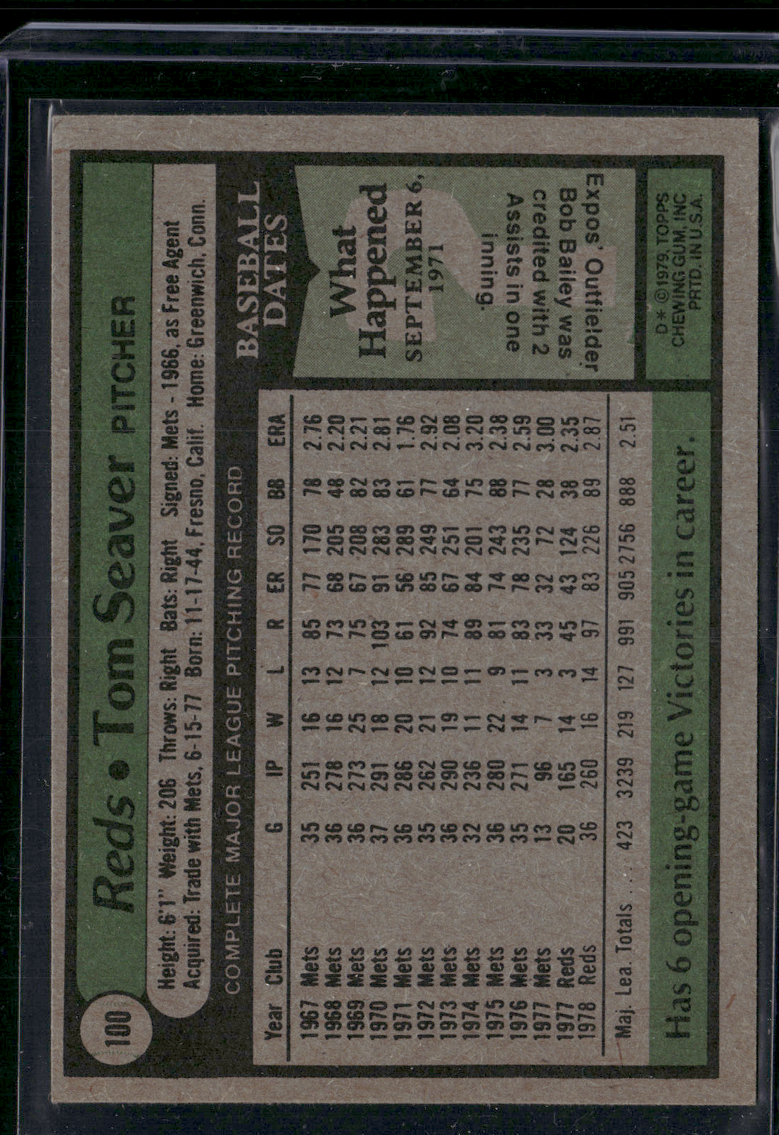 1979 Topps TOM SEAVER #100 Light Wrinkles on Corners (VG-VG/EX)