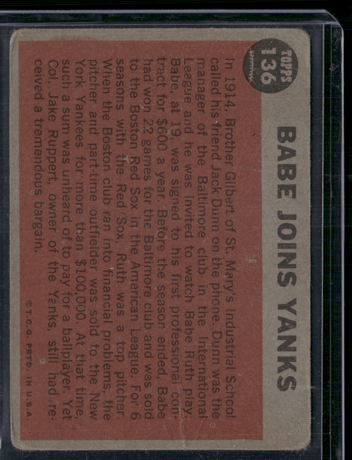 1962 Topps BABE RUTH #136 Babe Joins Yanks (Fair)