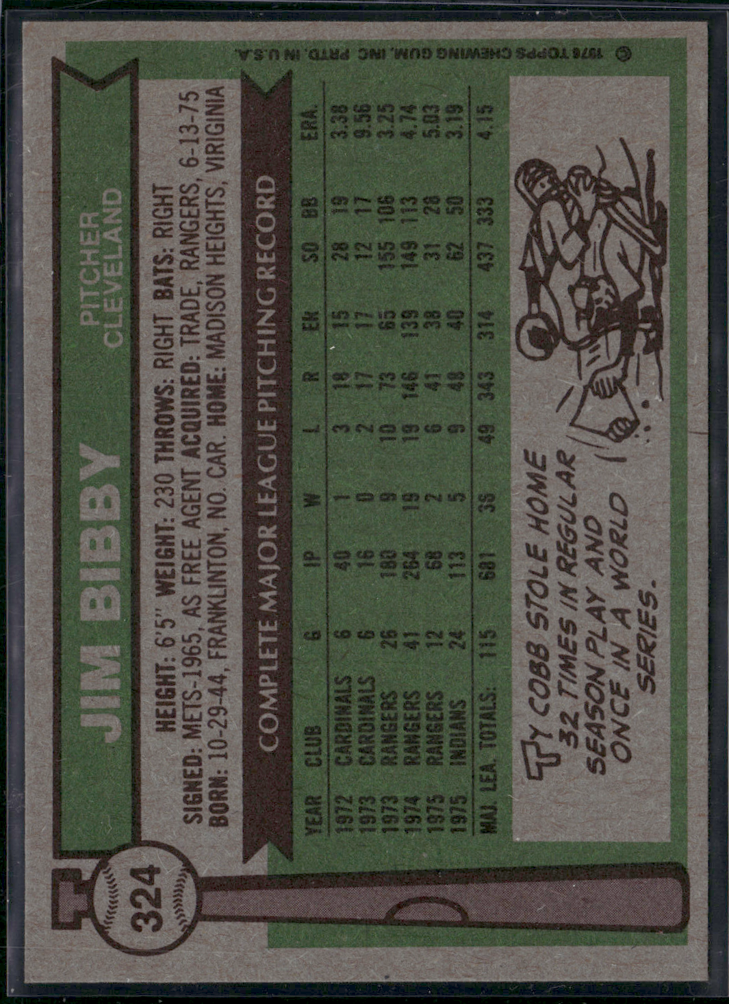 1976 Topps JIM BIBBY #324 Pressure Dent (VG/EX-EX)