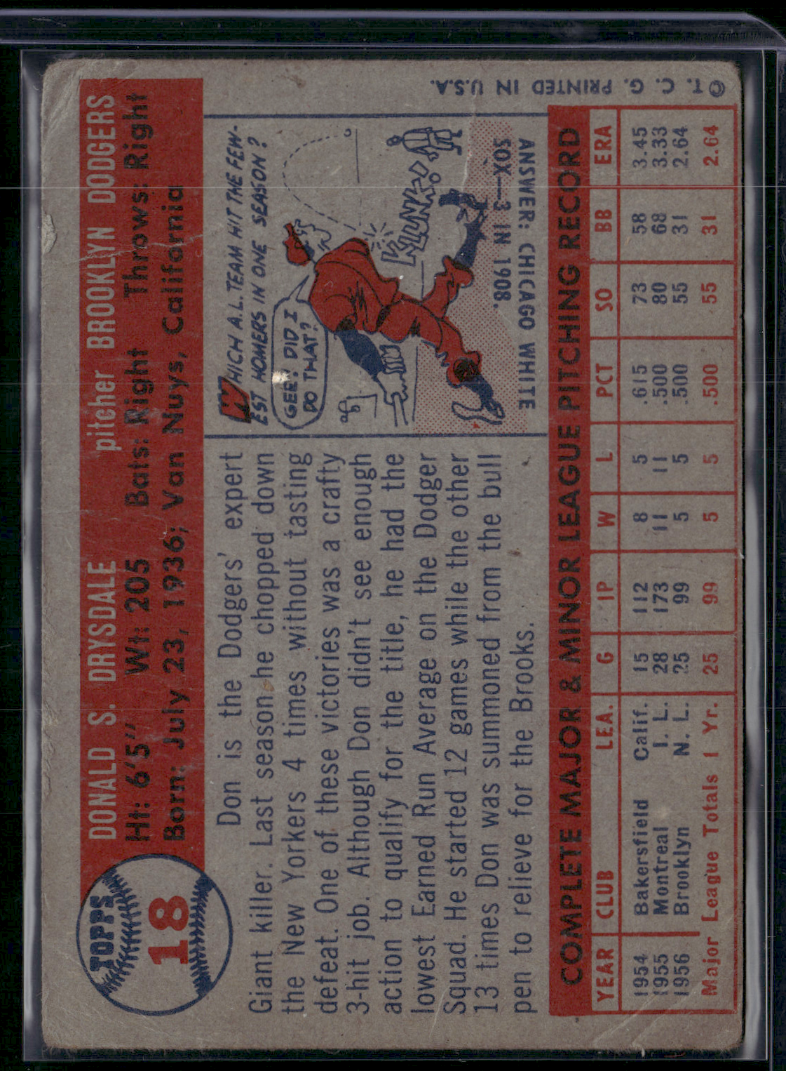 1957 Topps DON DRYSDALE #18 Wrinkles Creases (Good)