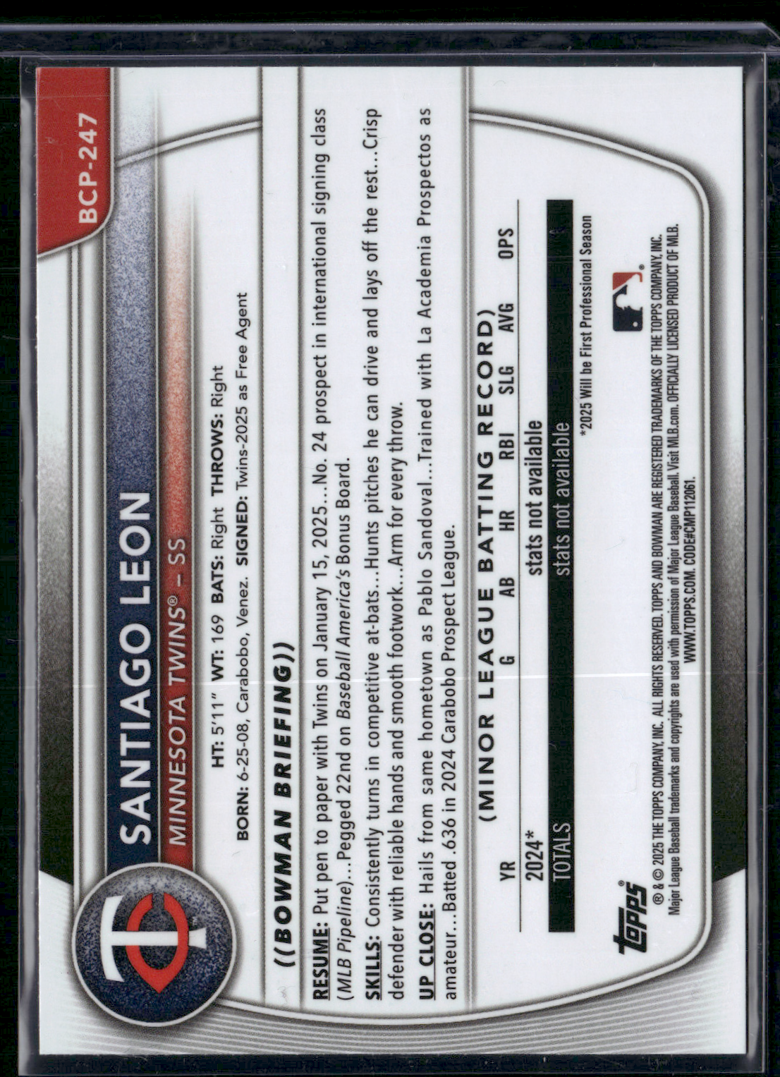 2025 Bowman Chrome SANTIAGO LEON #BCP-247 Chrome 1st Bowman