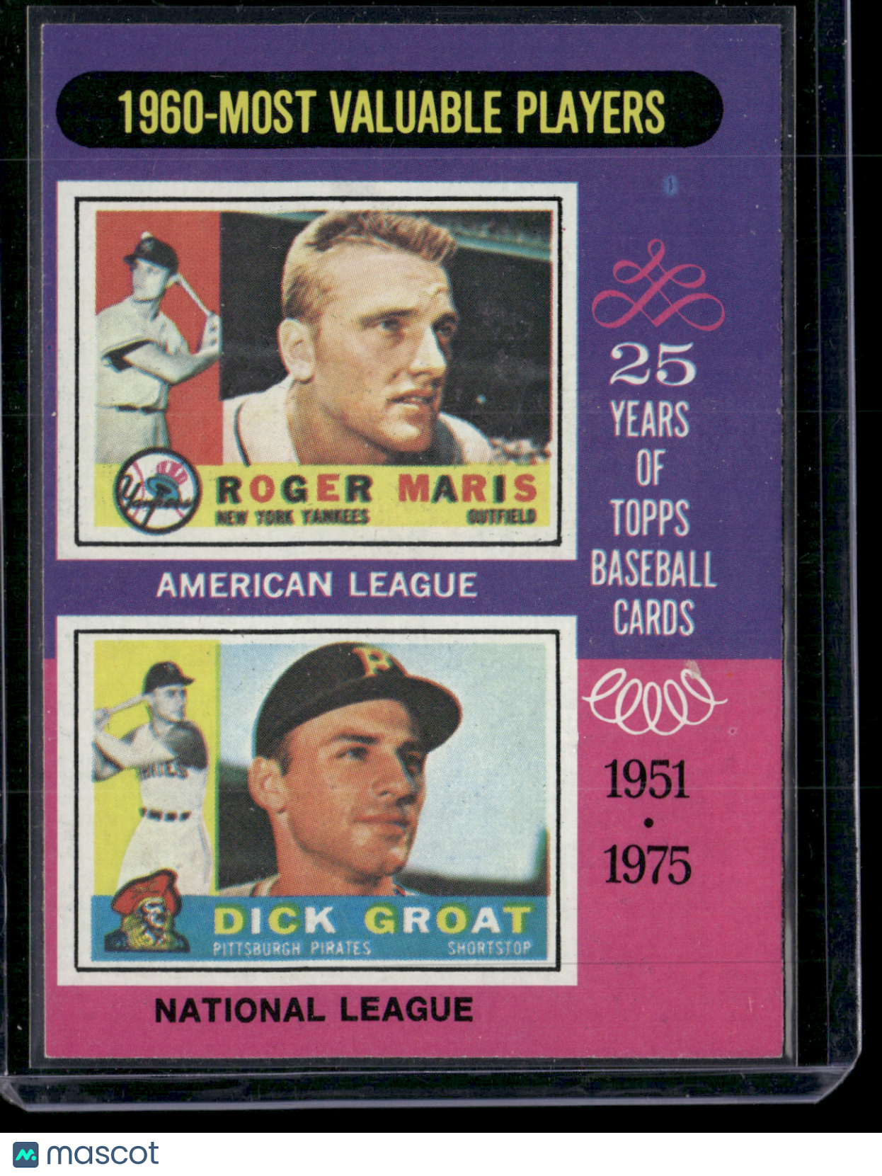 1975 Topps ROGER MARIS/DICK GROAT #198 1960 MVP's Wax Stain (EX)