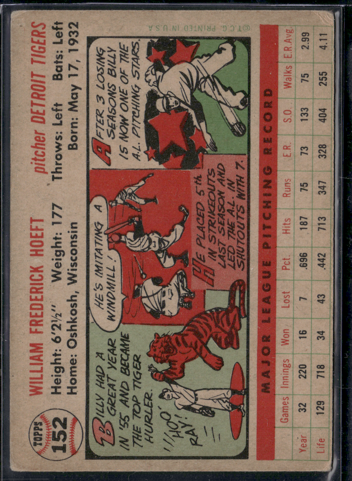 1956 Topps BILLY HOEFT #152 Light wrinkle