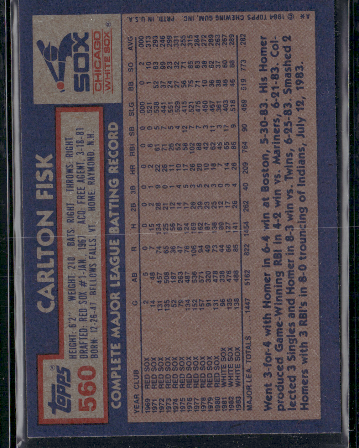 1984 Topps CARLTON FISK #560 (NM)