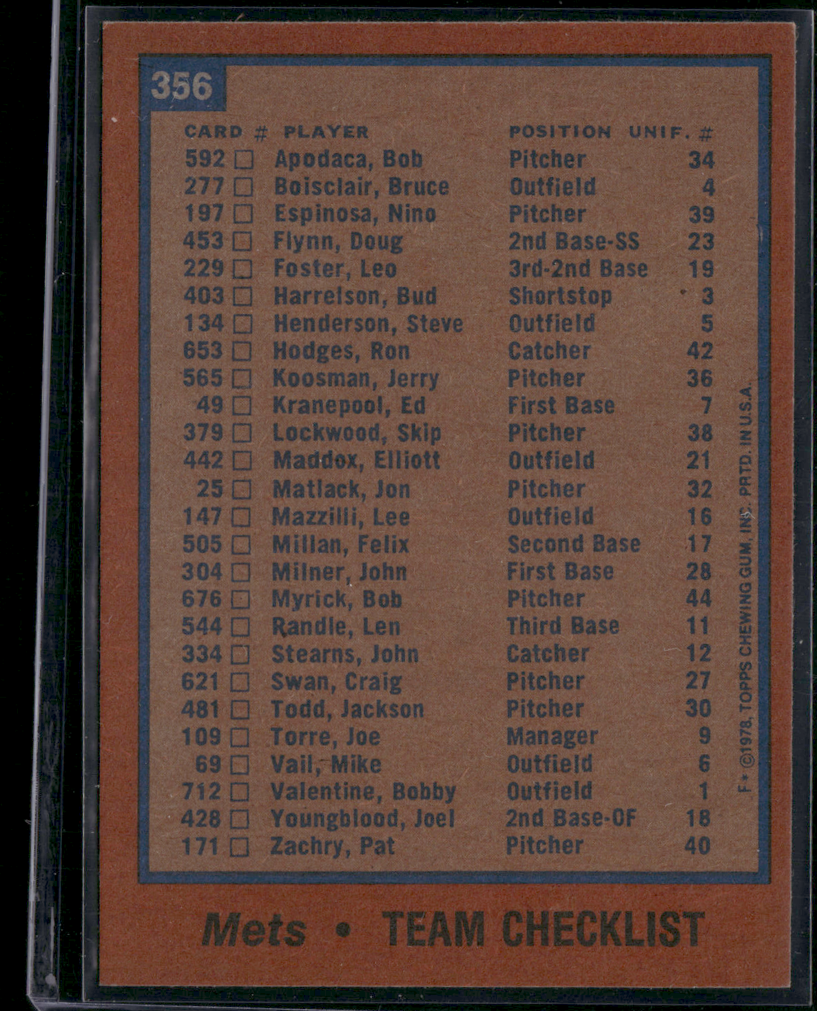 1978 Topps NEW YORK METS #356 (EX-EX/MT)