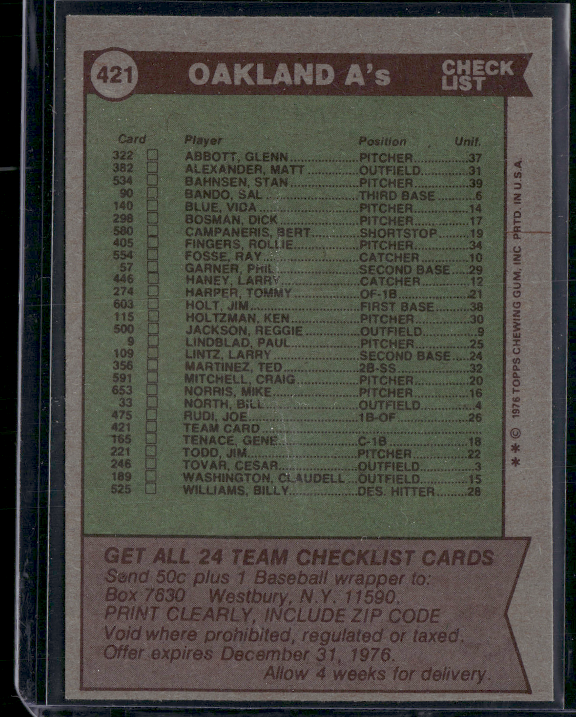 1976 Topps OAKLAND A'S #421 (EX-EX/MT)
