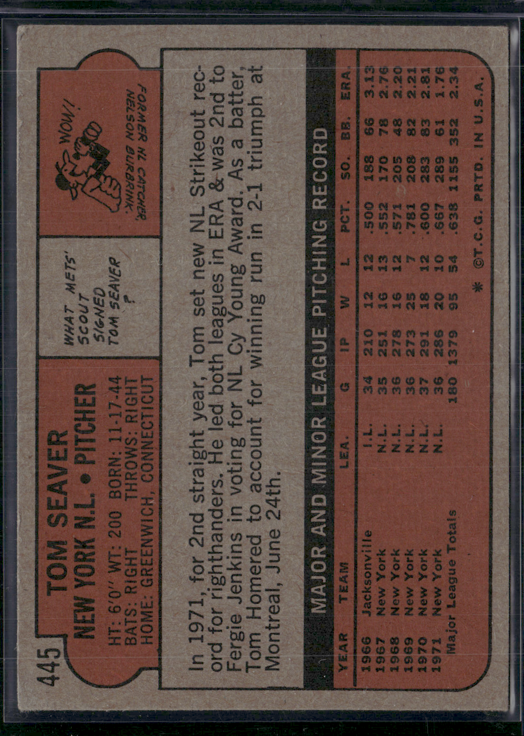 1972 Topps TOM SEAVER #445 (VG-VG/EX)