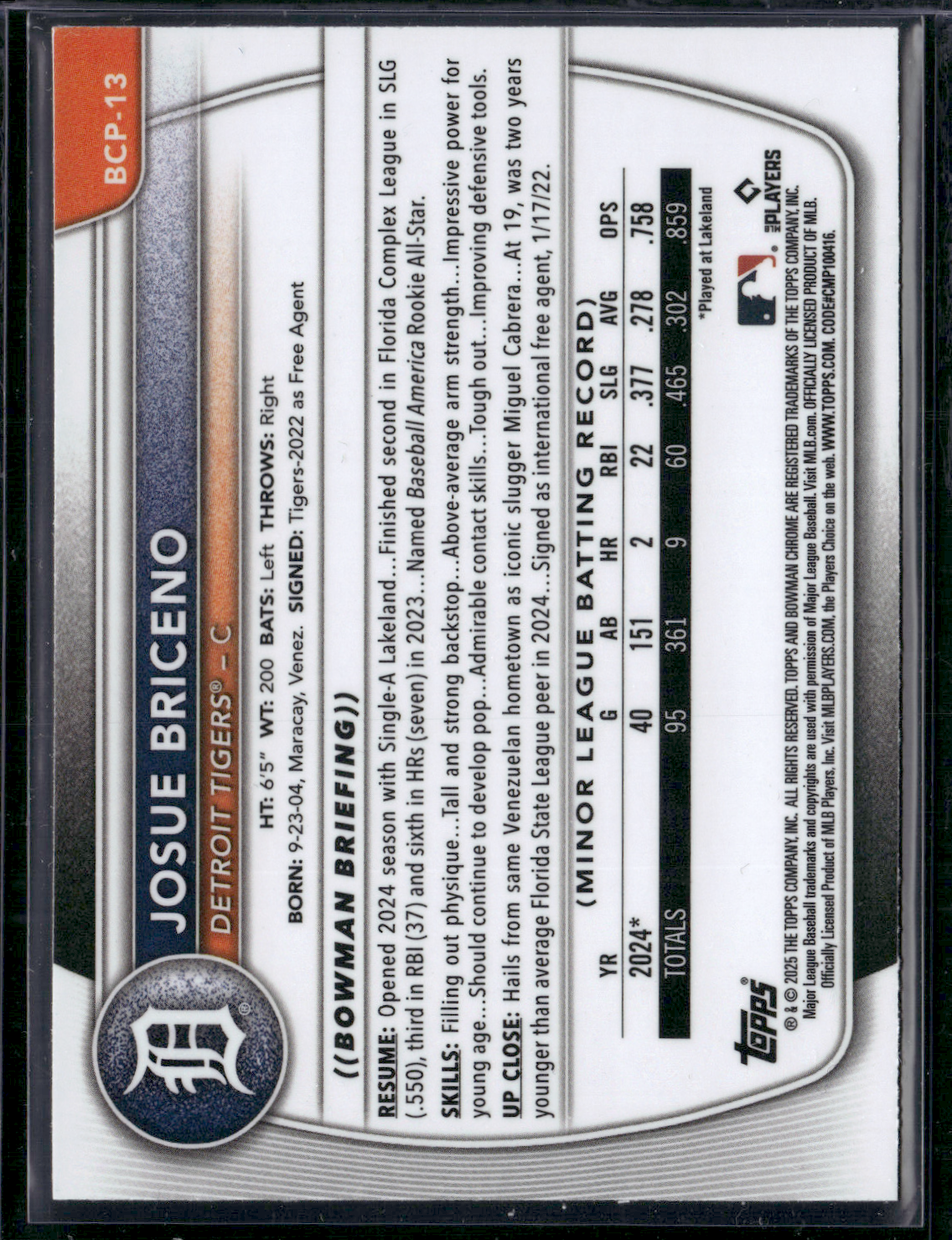 2025 Bowman JOSUE BRICENO #BCP-13 1st Bowman Chrome
