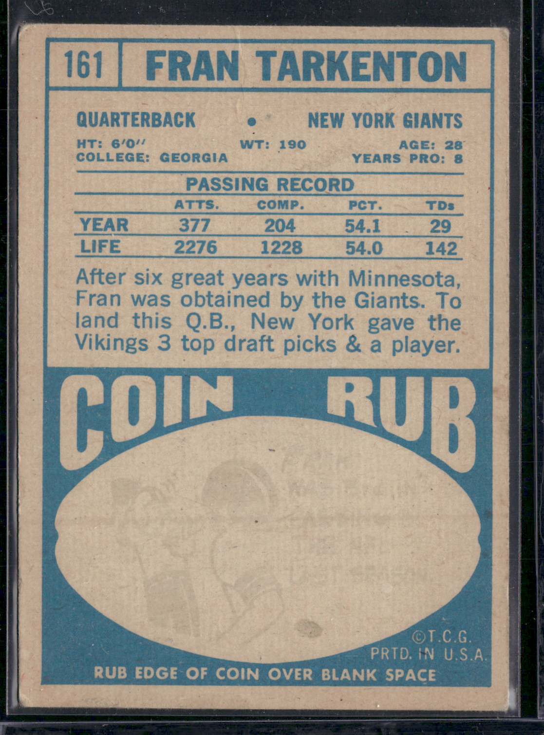 1968 Topps FRAN TARKENTON #161 (VG)