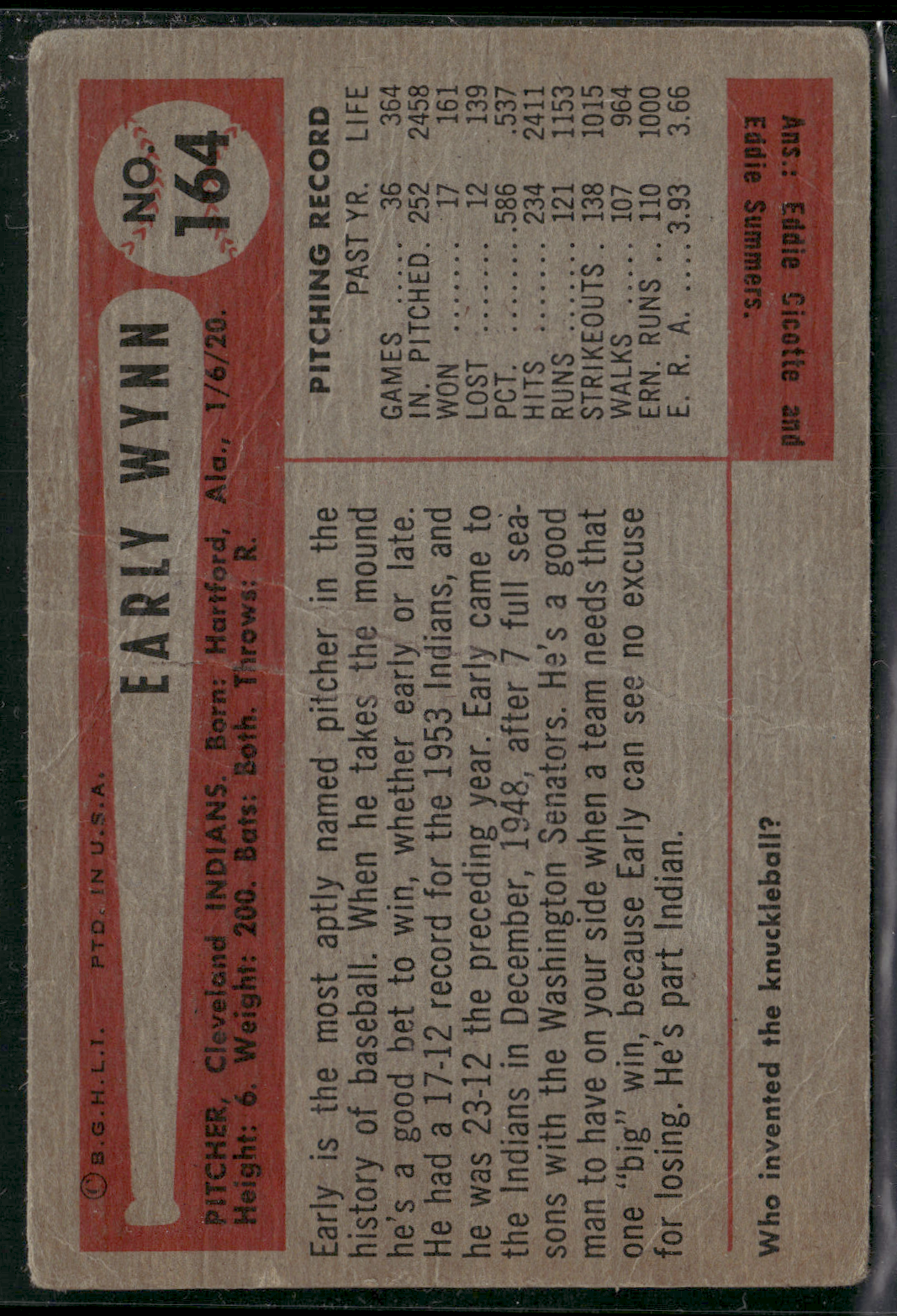 1954 Bowman EARLY WYNN #164 Wrinkles (Good)