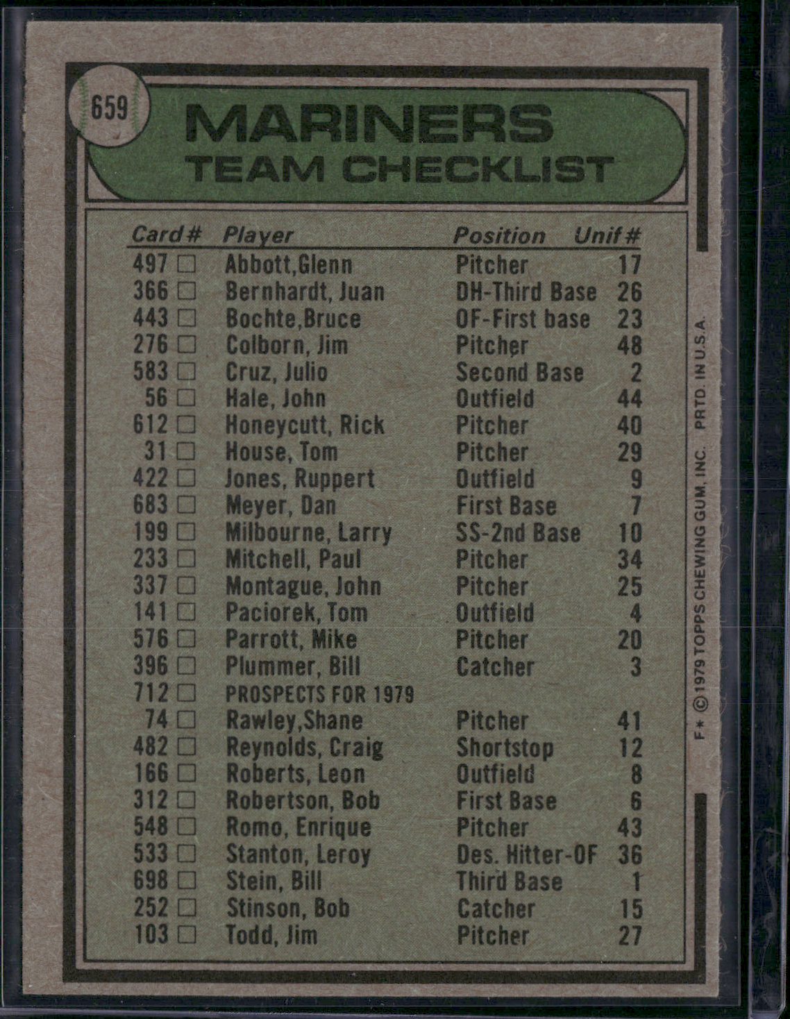 1979 Topps SEATTLE MARINERS #659 (VG/EX-EX)
