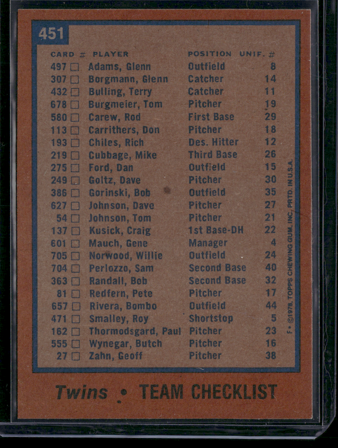 1978 Topps MINNESOTA TWINS #451 (EX-EX/MT)