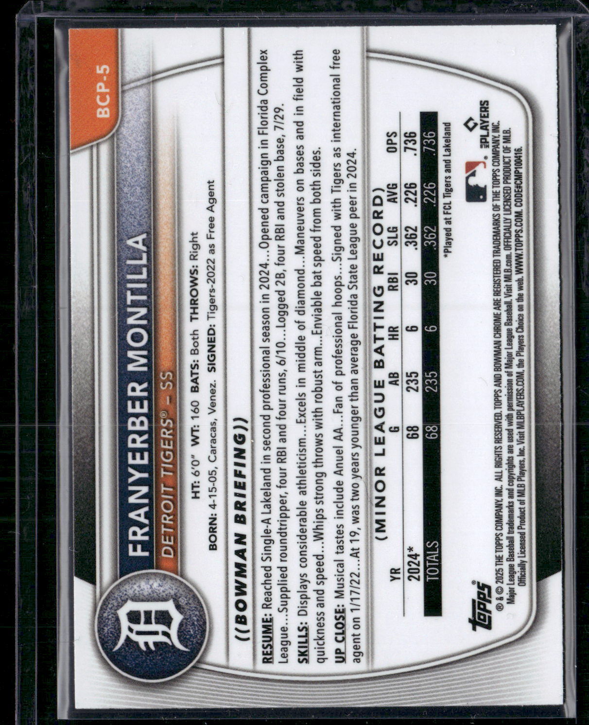2025 Bowman FRANYERBER MONTILLA #BCP-5 1st Bowman Chrome
