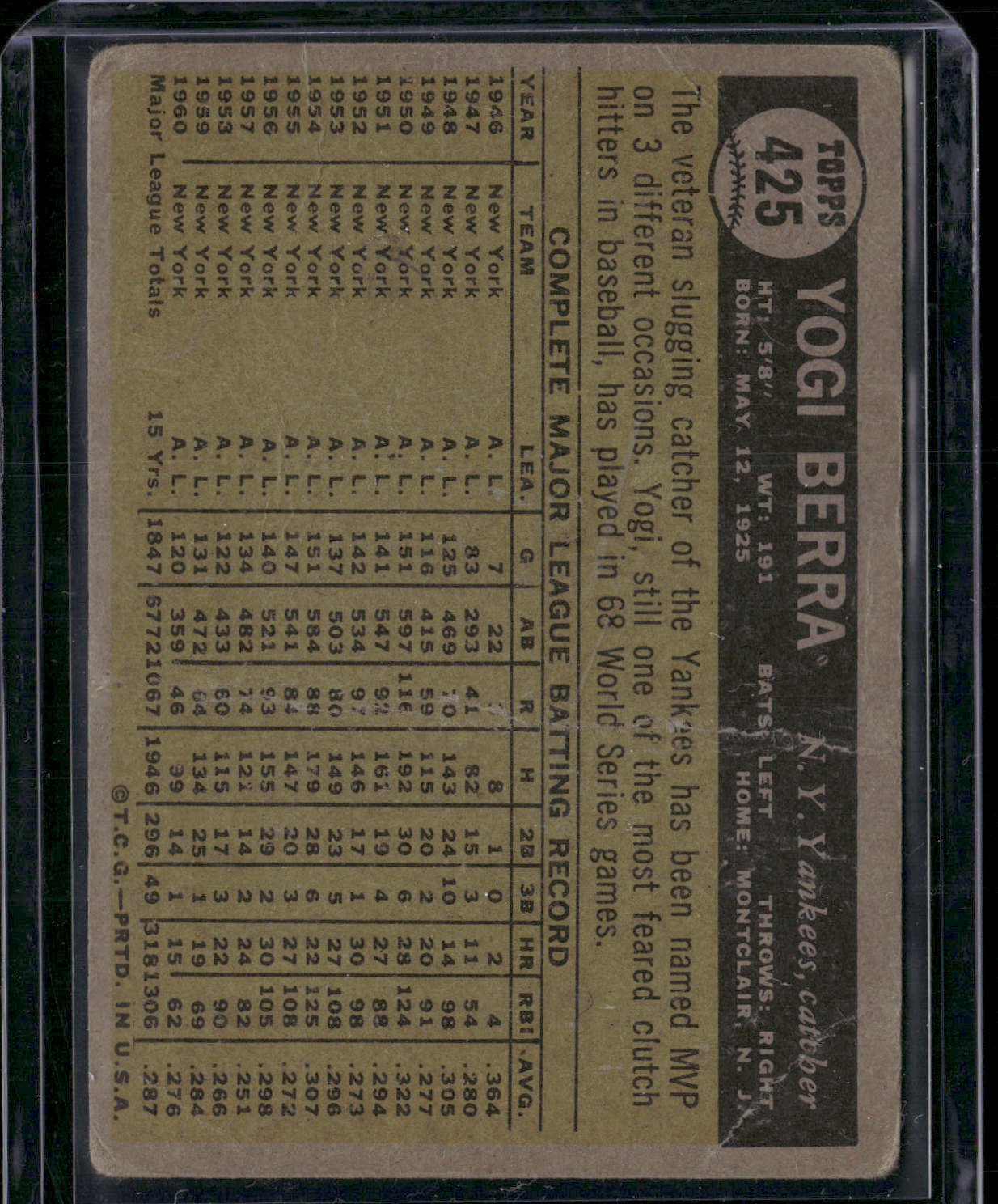 1961 Topps YOGI BERRA #425 Wrinkles Crease (Good)