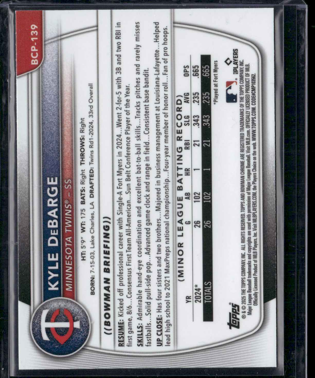 2025 Bowman KYLE DEBARGE #BCP-139 Chrome Mojo 1st Bowman
