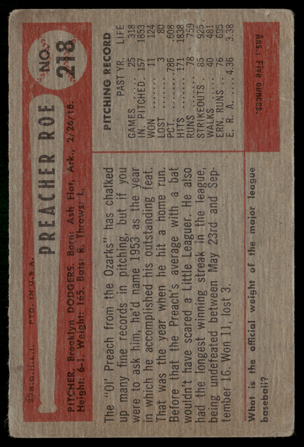 1953 Bowman PREACHER ROE #218 (Good)