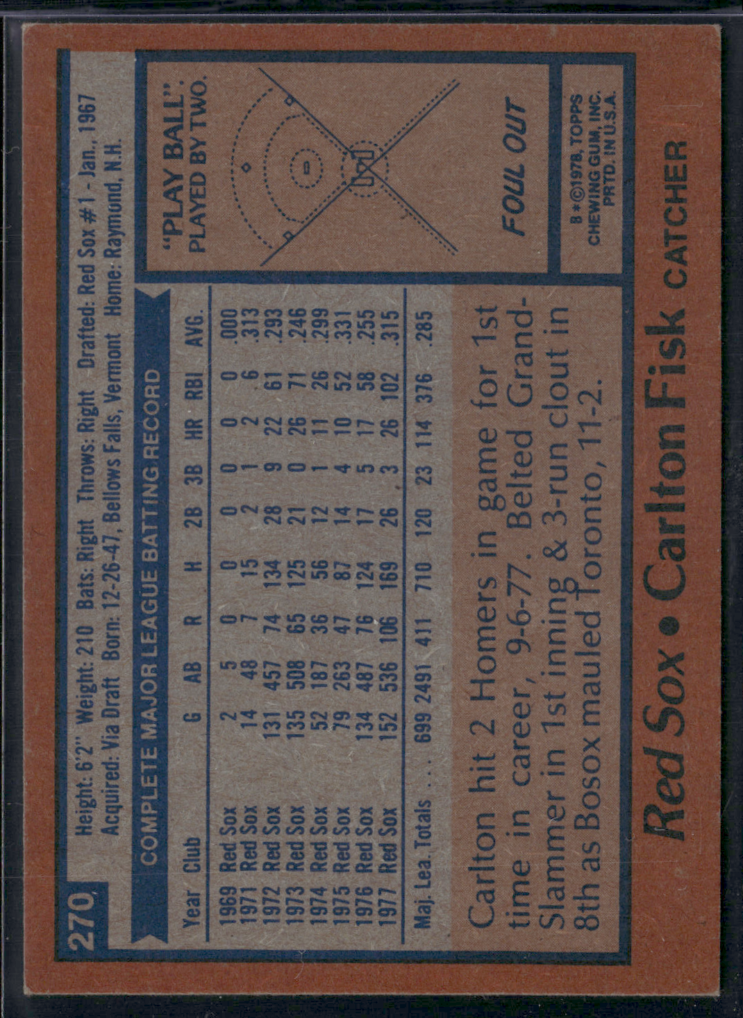1978 Topps CARLTON FISK #270 (EX-EX/MT)