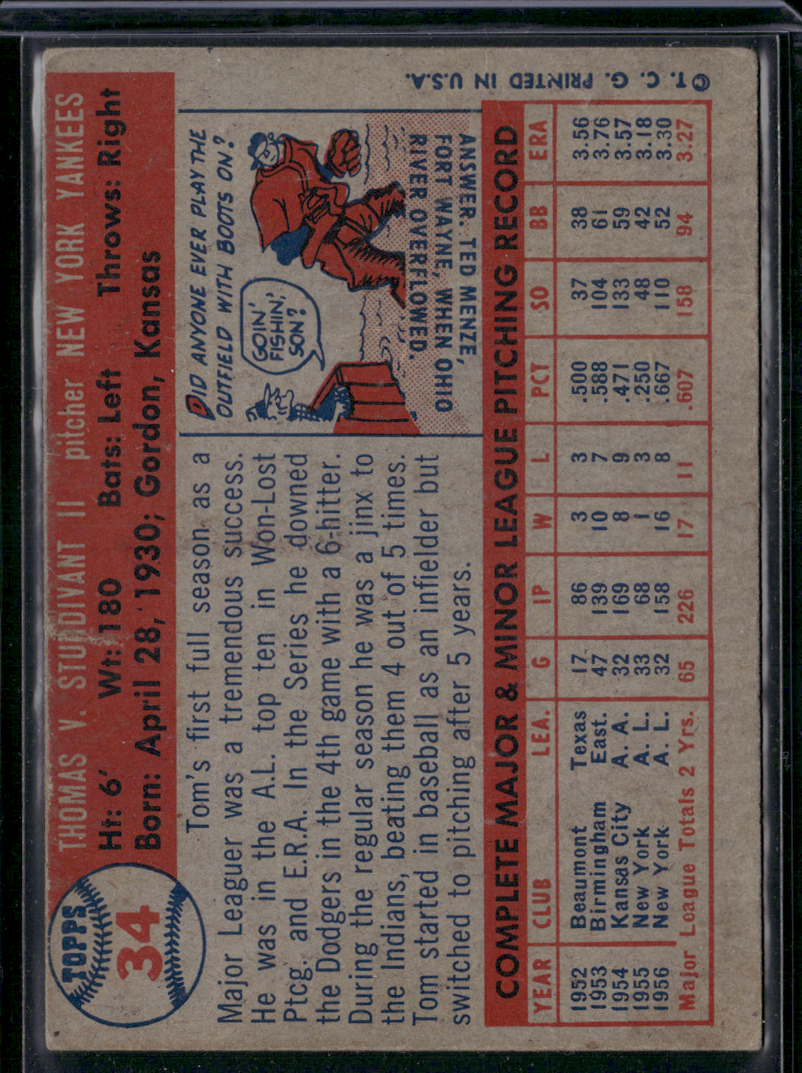 1957 Topps TOM STURDIVANT #34 Tear