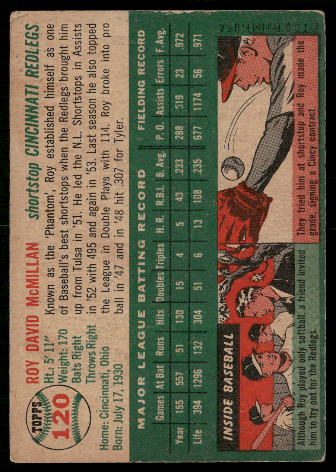 1954 Topps ROY MCMILLAN #120 (VG-VG/EX)