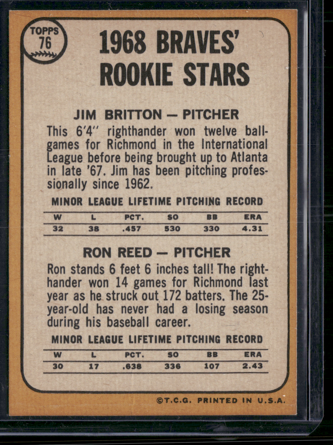 1968 Topps JIM BRITTON/RON REED #76 1968 Braves Rookie Stars (EX/MT-NM)