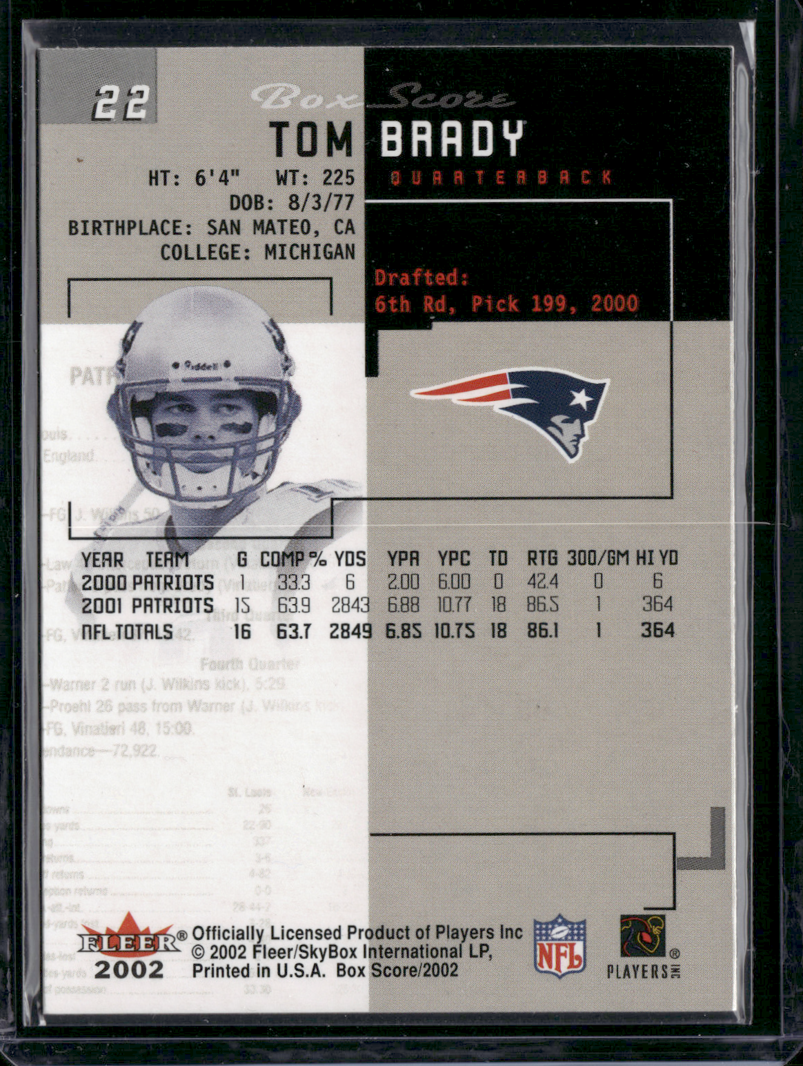 2002 Box Score TOM BRADY #22 (EX)