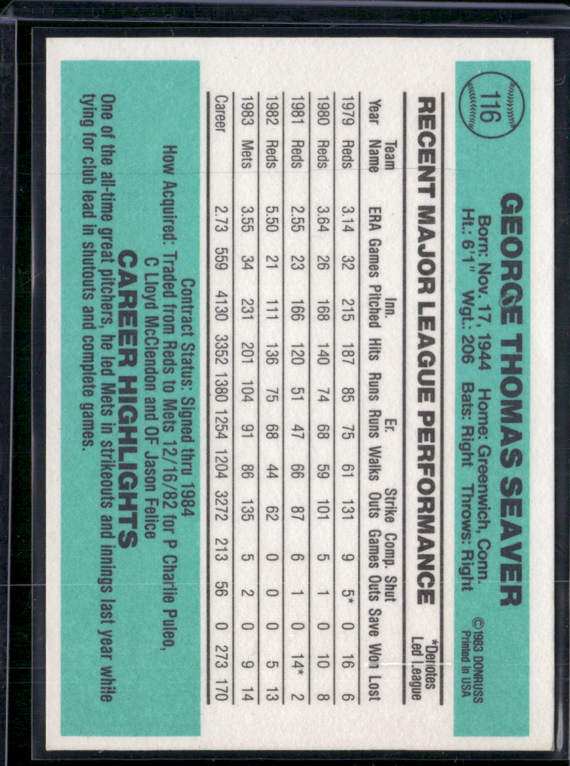 1984 Donruss TOM SEAVER #116 (NM)