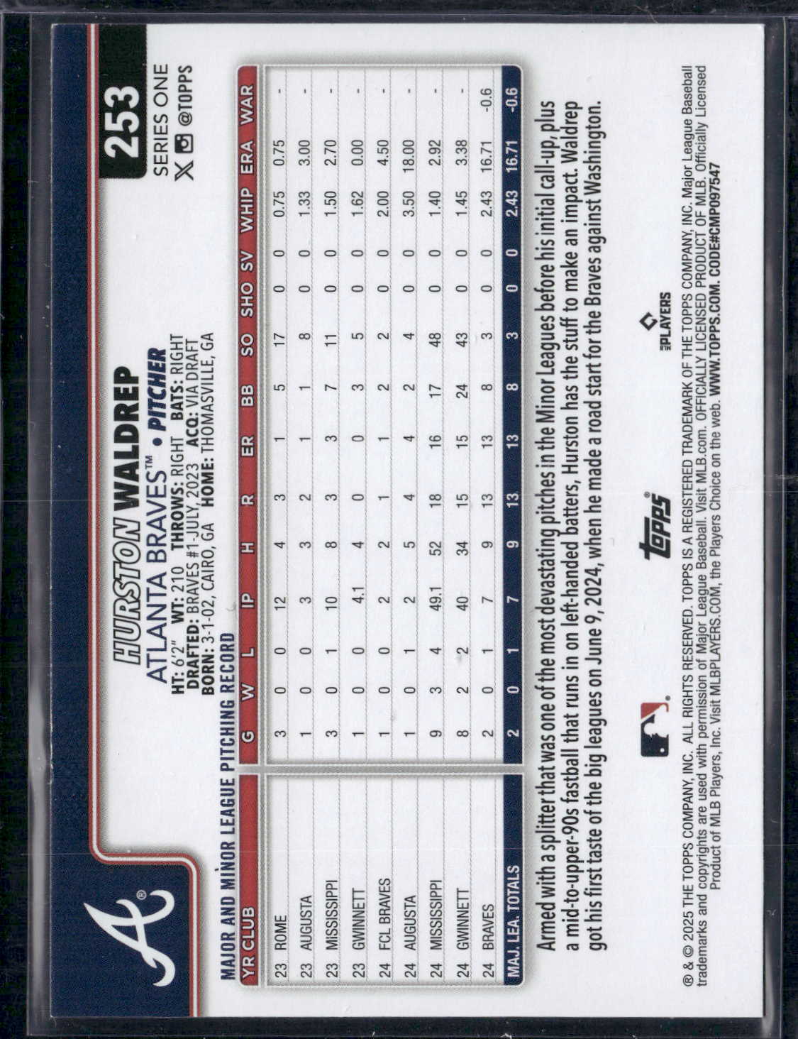 2025 Topps Series 1 HURSTON WALDREP #253 Rainbow Glitter RC