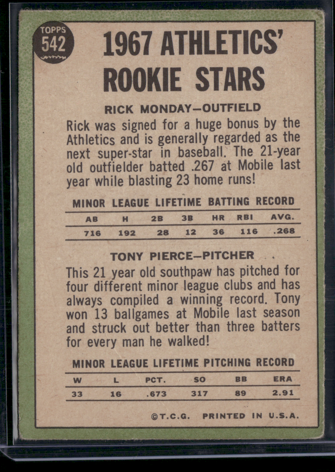 1967 Topps RICK MONDAY/TONY PIERCE #542 1967 Athletics Rookie Stars (VG)