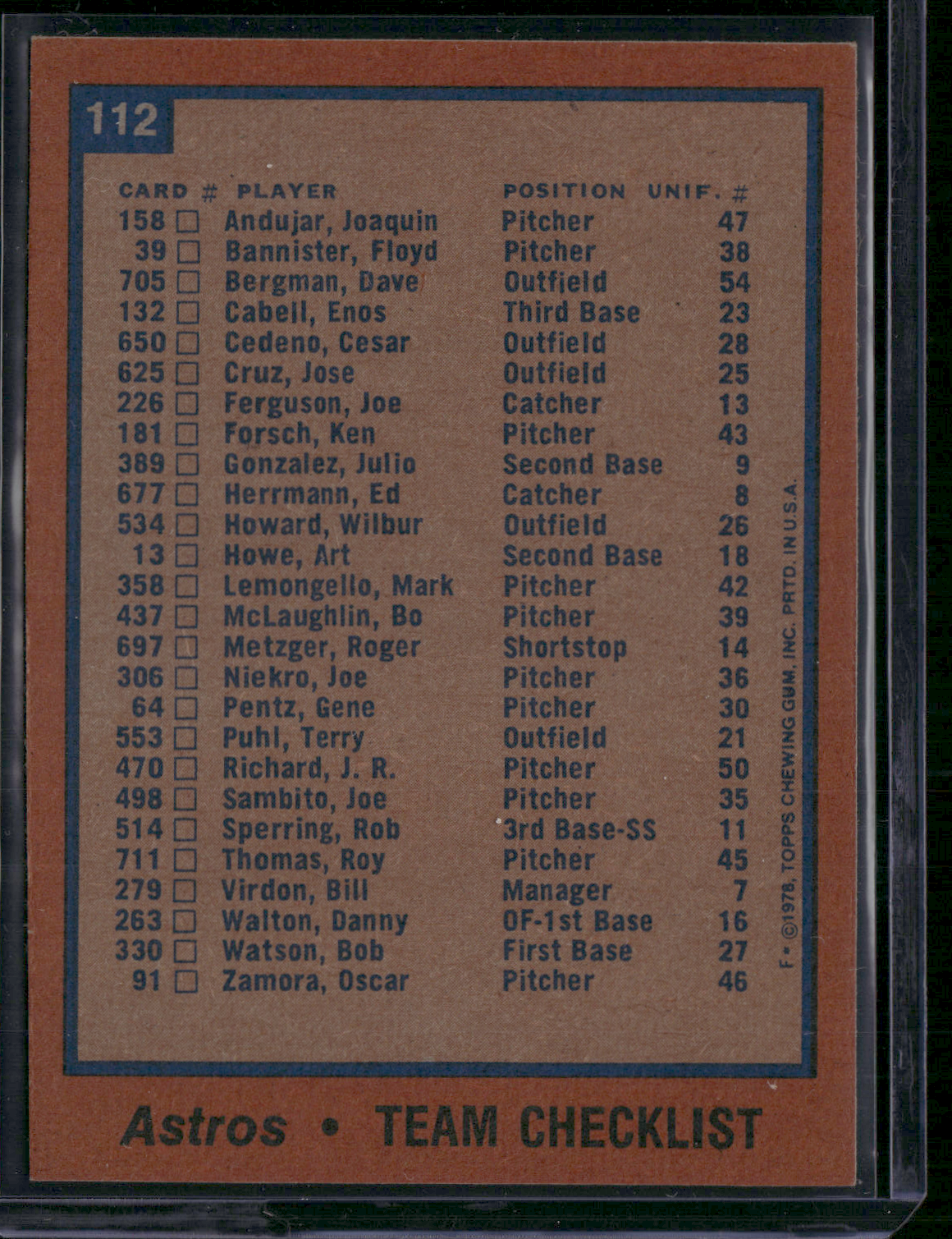 1978 Topps HOUSTON ASTROS #112 (EX)